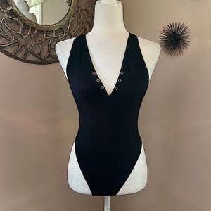 NWOT Black Ribbed Knit Racerback Deep V Bodysuit